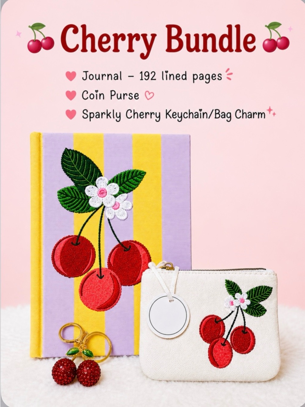 Cherry Embroidered Journal, Coin Purse & Sparkly cherry bag charm/keychain